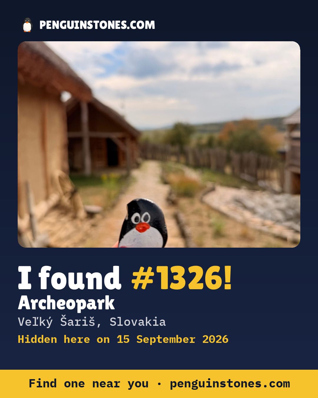Obrázok s nápisom „I found #1326“: fotka kameňa, kde je a ako ďaleko docestoval