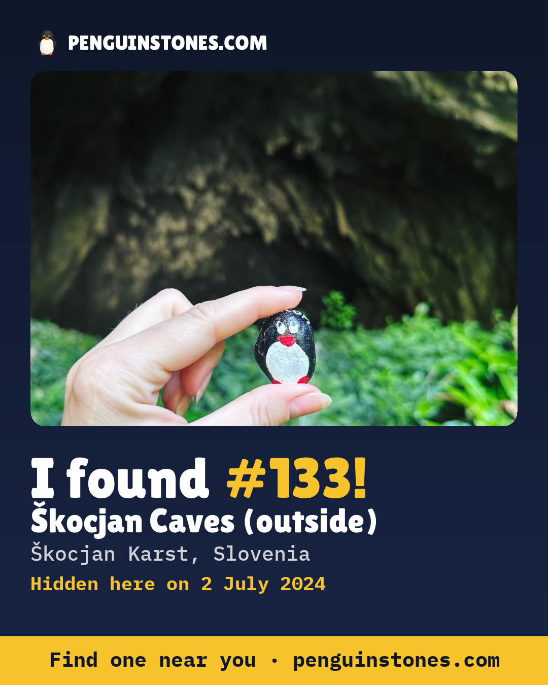 Obrázok s nápisom „I found #133“: fotka kameňa, kde je a ako ďaleko docestoval