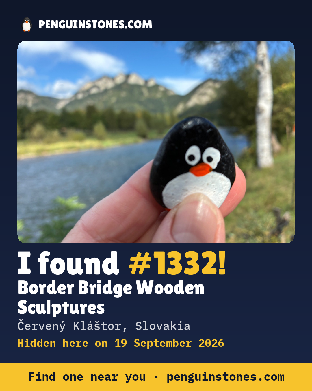 Obrázok s nápisom „I found #1332“: fotka kameňa, kde je a ako ďaleko docestoval