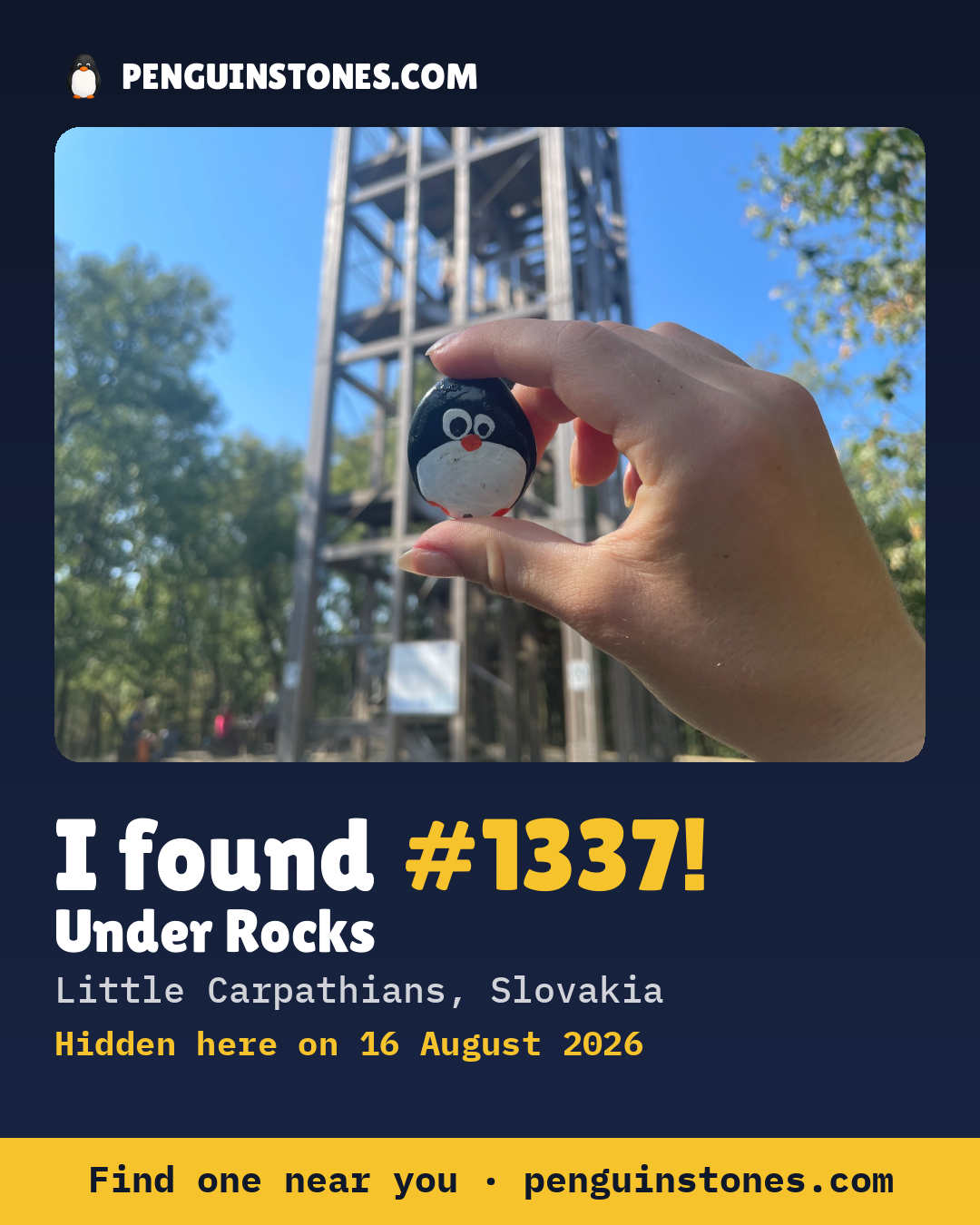 Obrázok s nápisom „I found #1337“: fotka kameňa, kde je a ako ďaleko docestoval