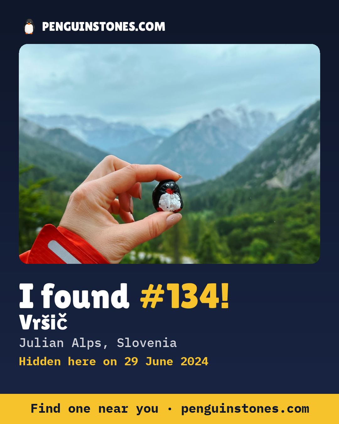 Obrázok s nápisom „I found #134“: fotka kameňa, kde je a ako ďaleko docestoval