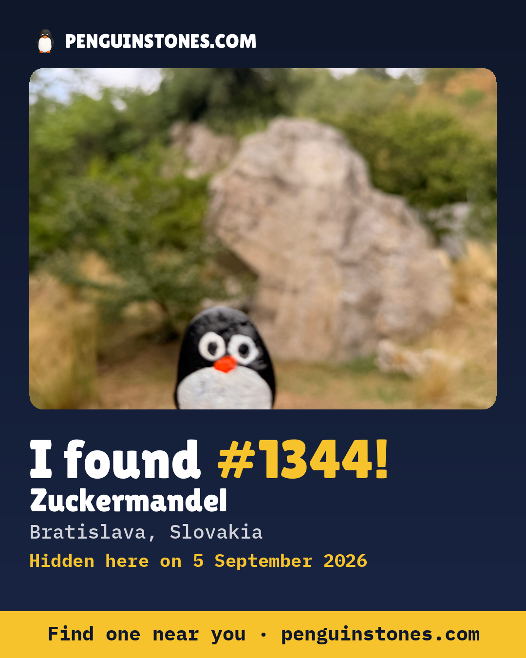 Obrázok s nápisom „I found #1344“: fotka kameňa, kde je a ako ďaleko docestoval