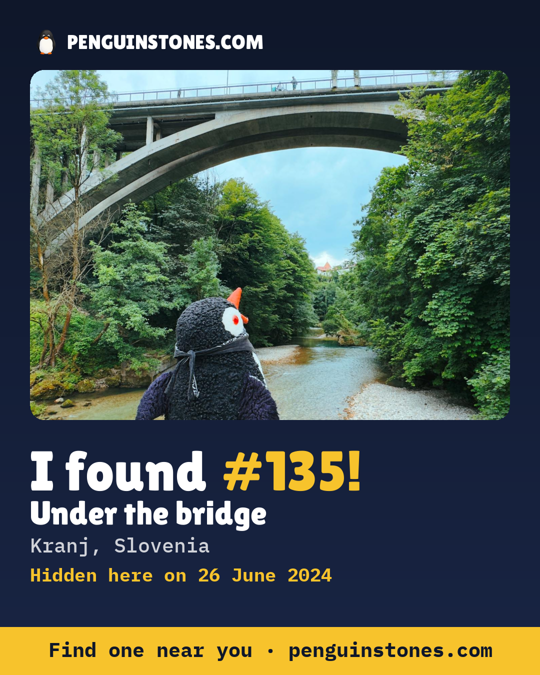 Obrázok s nápisom „I found #135“: fotka kameňa, kde je a ako ďaleko docestoval