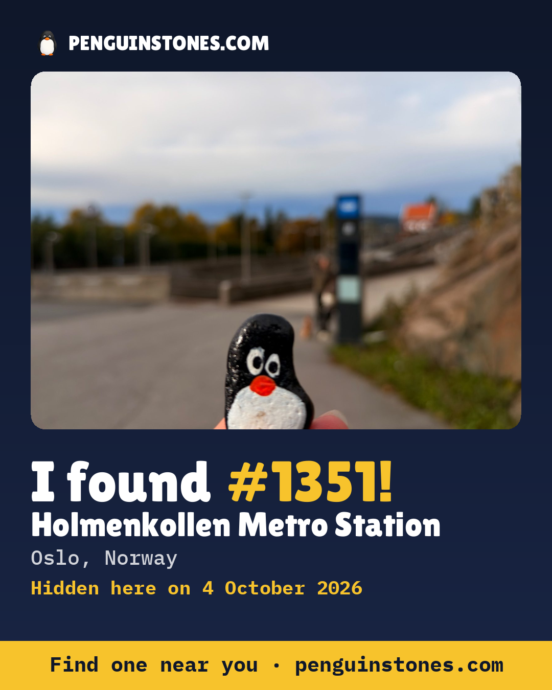 An “I found #1351” picture: the stone’s photo, where it is and how far it has travelled