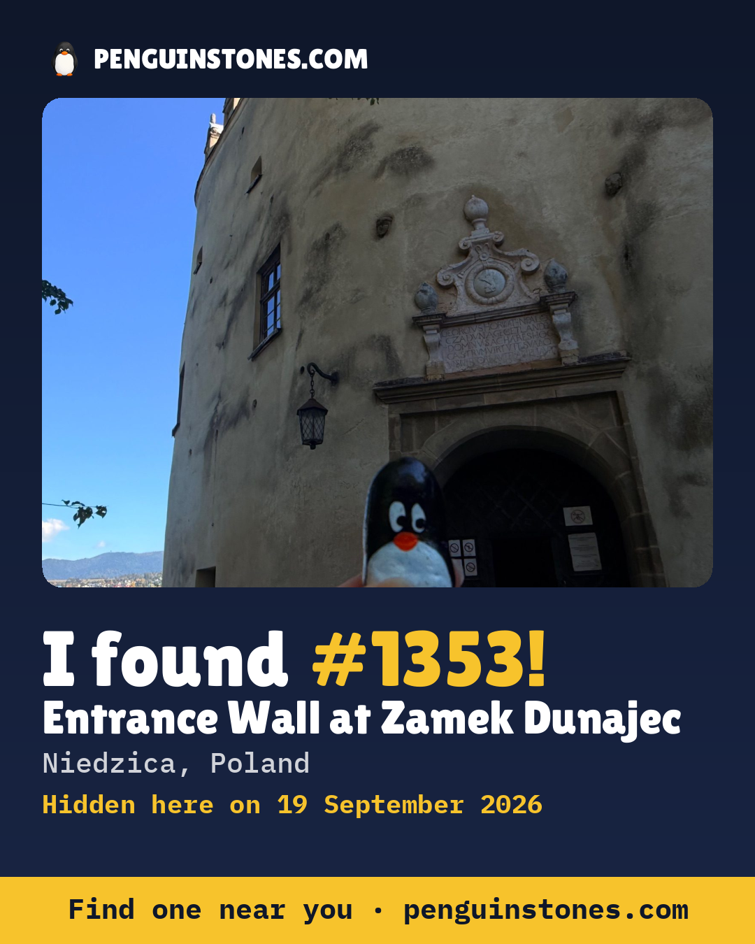 Obrázok s nápisom „I found #1353“: fotka kameňa, kde je a ako ďaleko docestoval