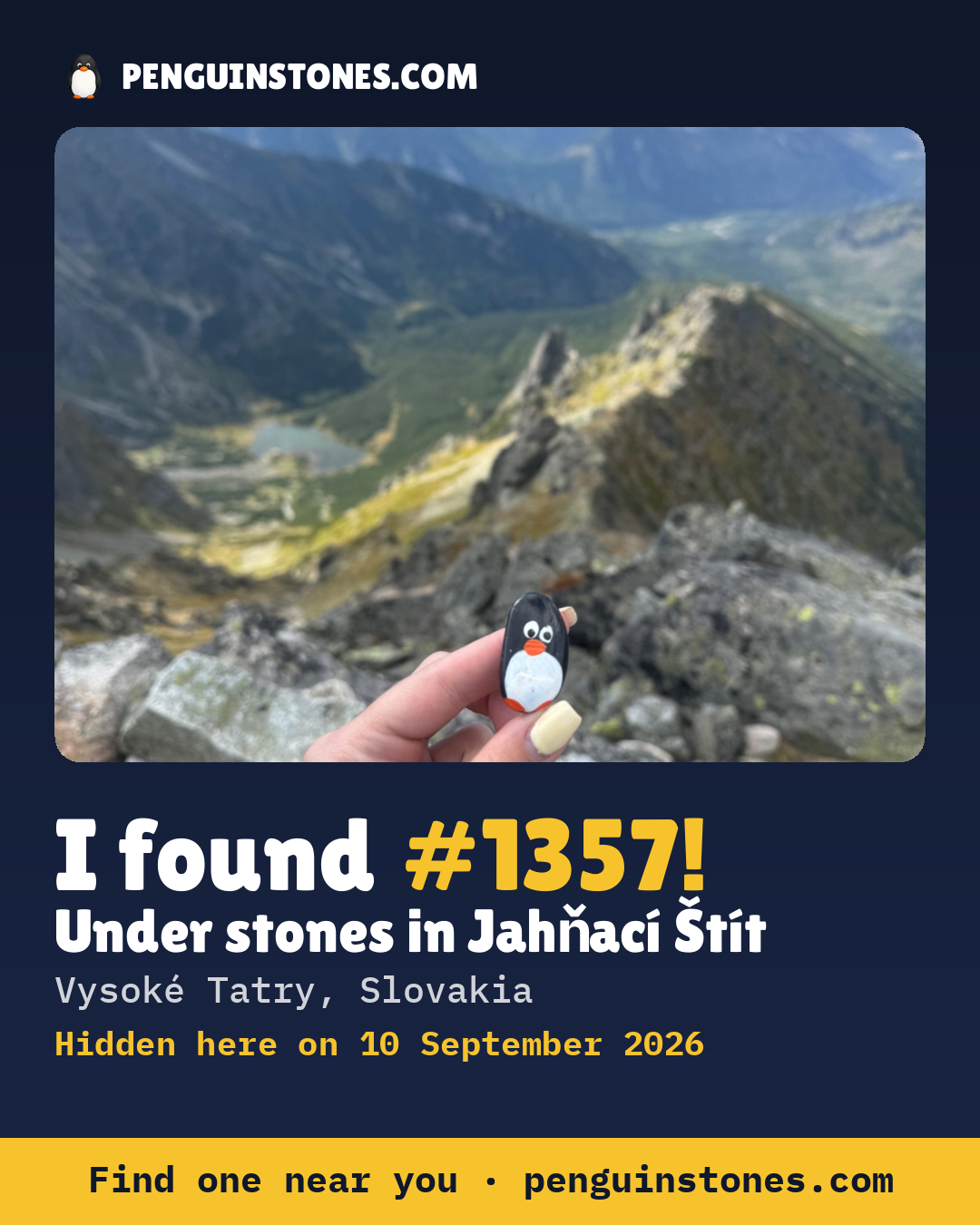 Obrázok s nápisom „I found #1357“: fotka kameňa, kde je a ako ďaleko docestoval