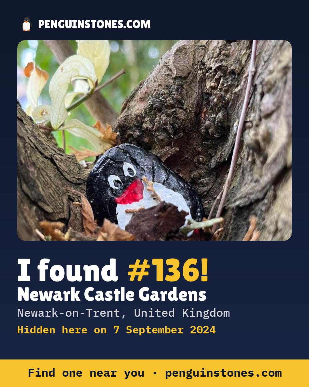 Obrázok s nápisom „I found #136“: fotka kameňa, kde je a ako ďaleko docestoval