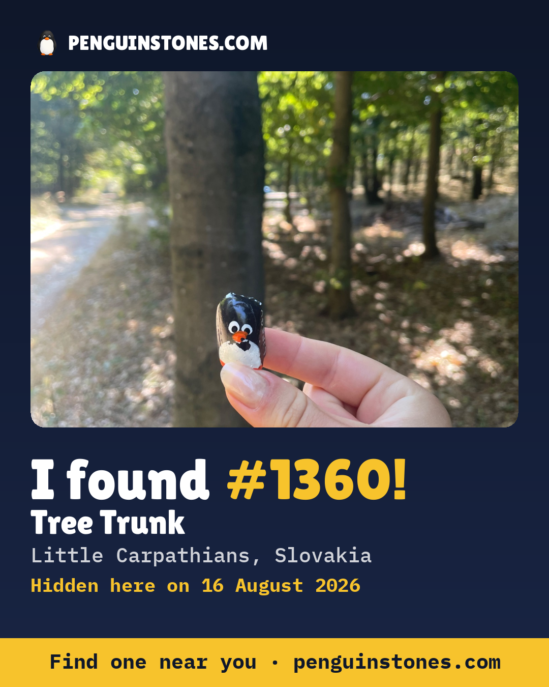 Obrázok s nápisom „I found #1360“: fotka kameňa, kde je a ako ďaleko docestoval