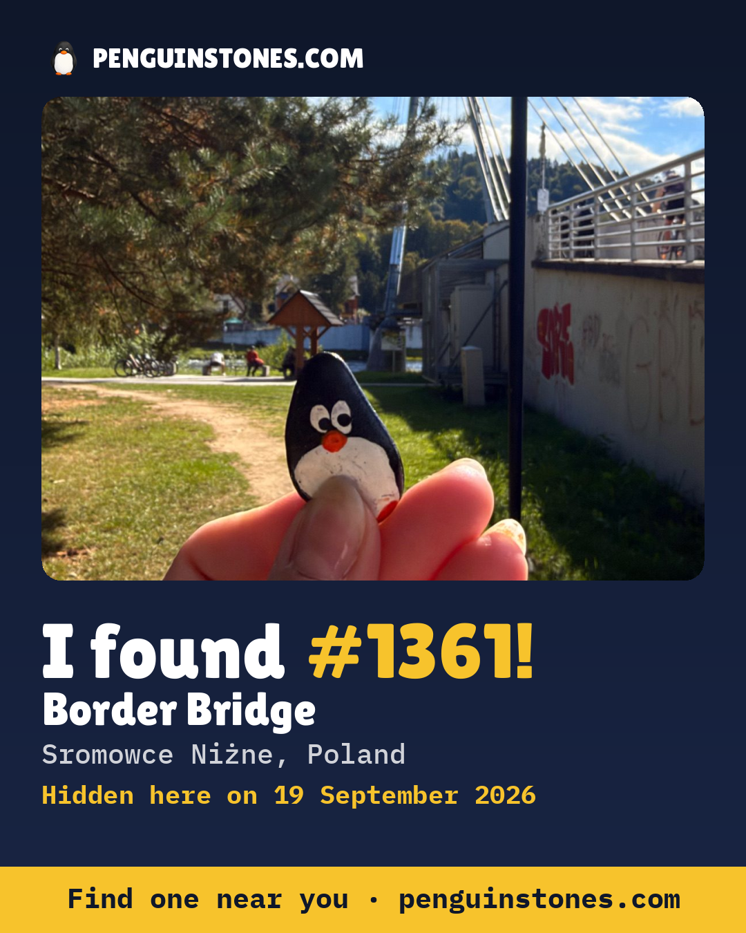 Obrázok s nápisom „I found #1361“: fotka kameňa, kde je a ako ďaleko docestoval
