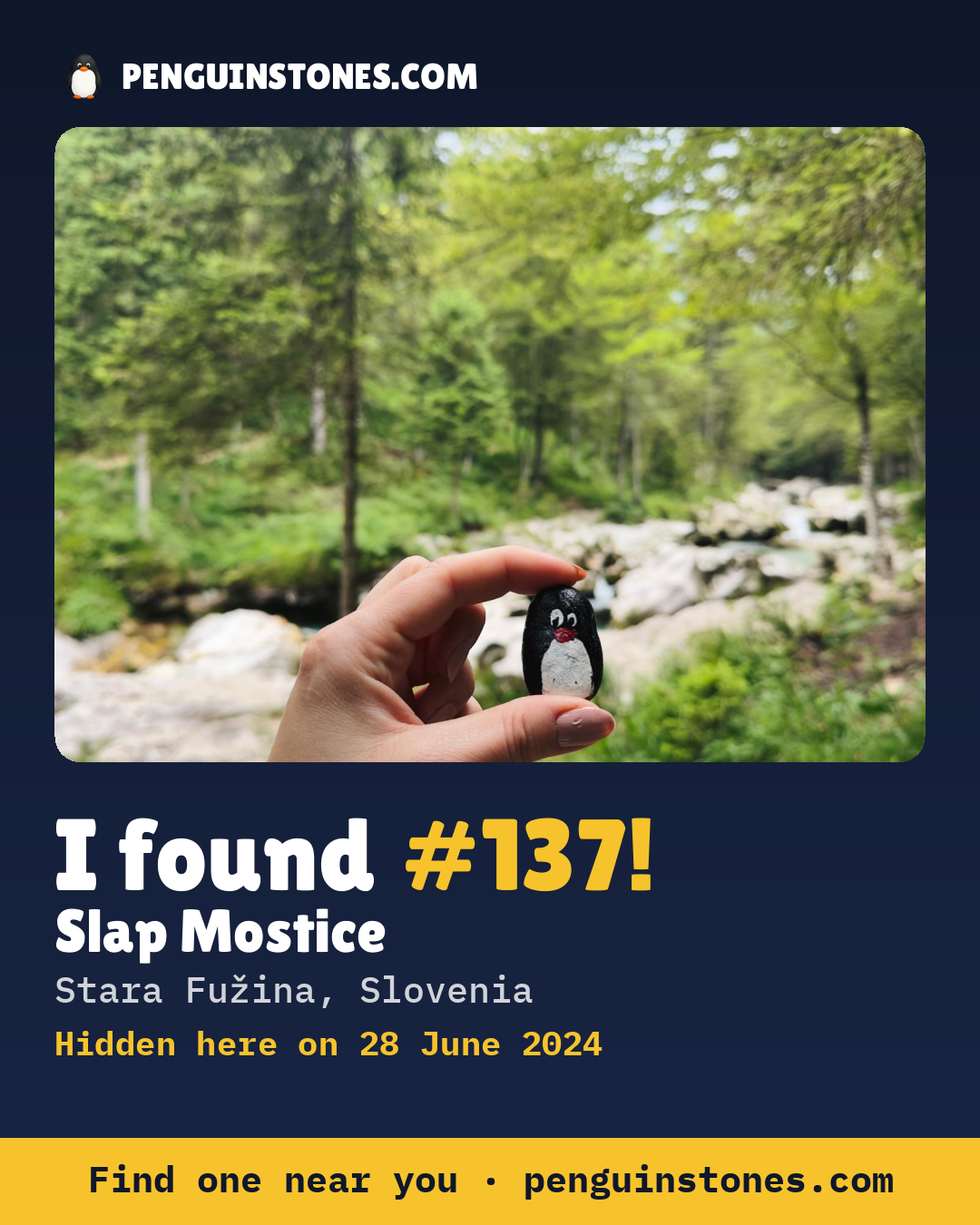 Obrázok s nápisom „I found #137“: fotka kameňa, kde je a ako ďaleko docestoval