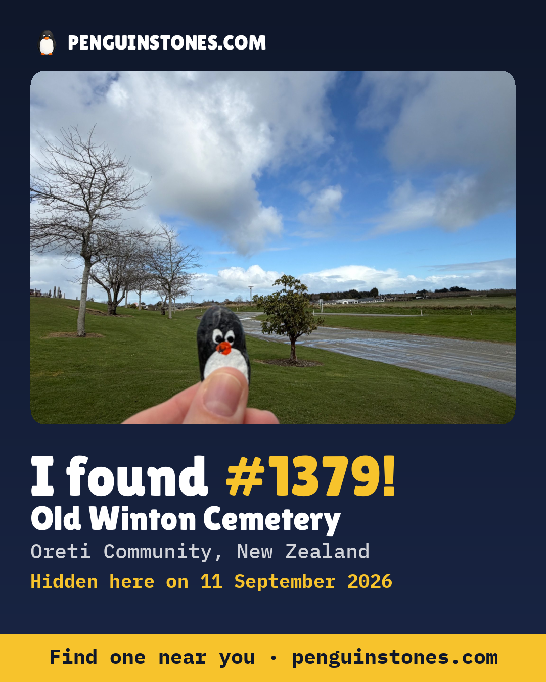 Obrázok s nápisom „I found #1379“: fotka kameňa, kde je a ako ďaleko docestoval