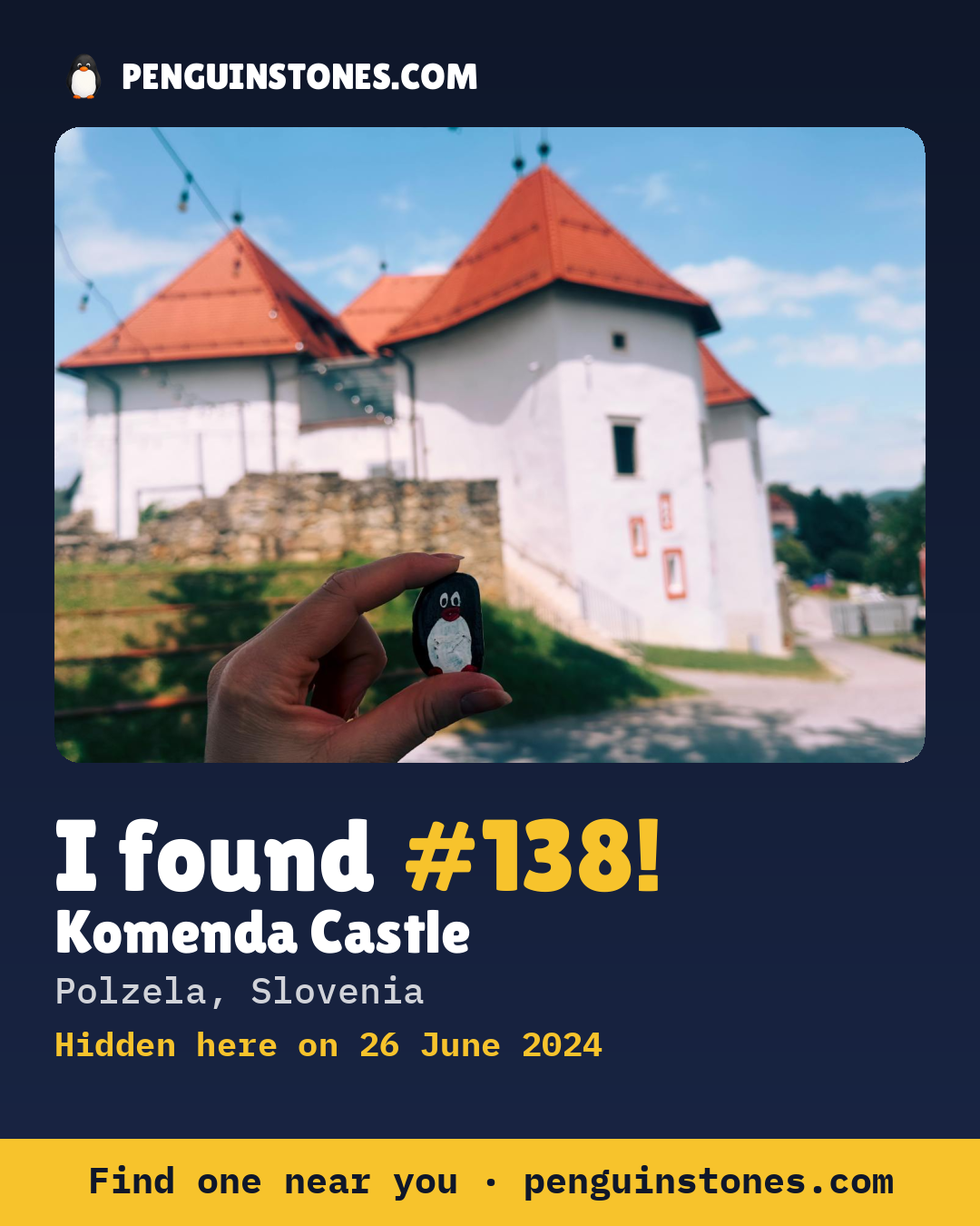 Obrázok s nápisom „I found #138“: fotka kameňa, kde je a ako ďaleko docestoval