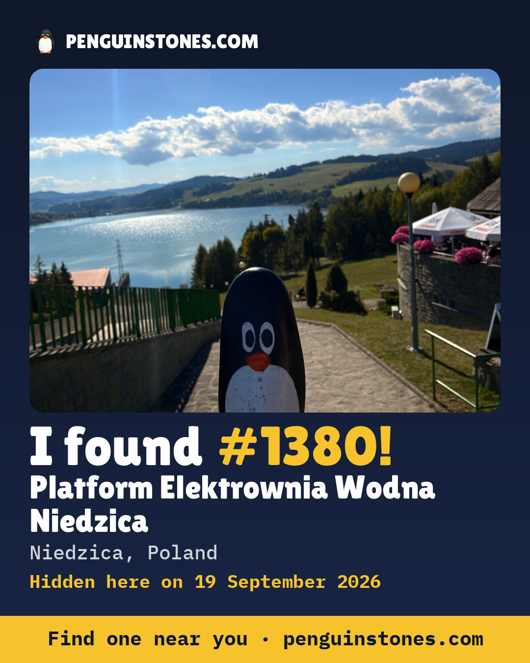 Obrázok s nápisom „I found #1380“: fotka kameňa, kde je a ako ďaleko docestoval