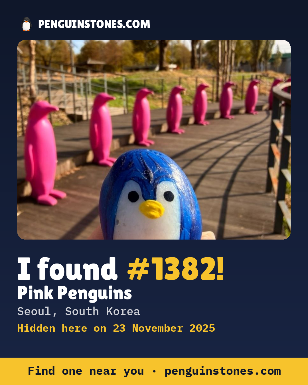 Obrázok s nápisom „I found #1382“: fotka kameňa, kde je a ako ďaleko docestoval