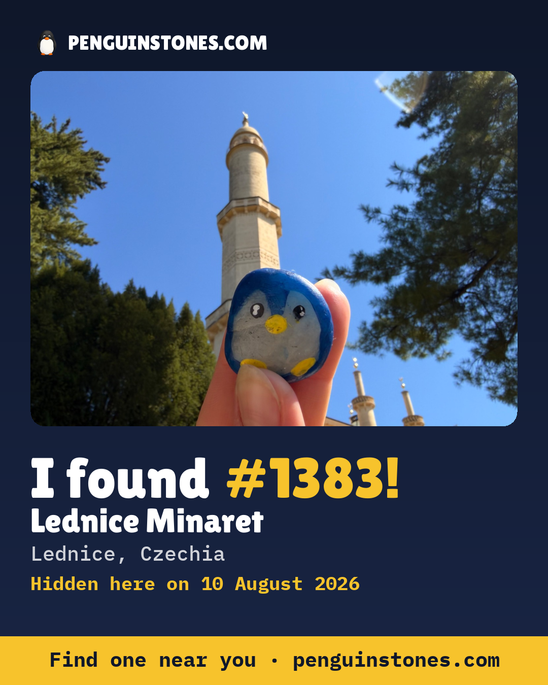 Obrázok s nápisom „I found #1383“: fotka kameňa, kde je a ako ďaleko docestoval