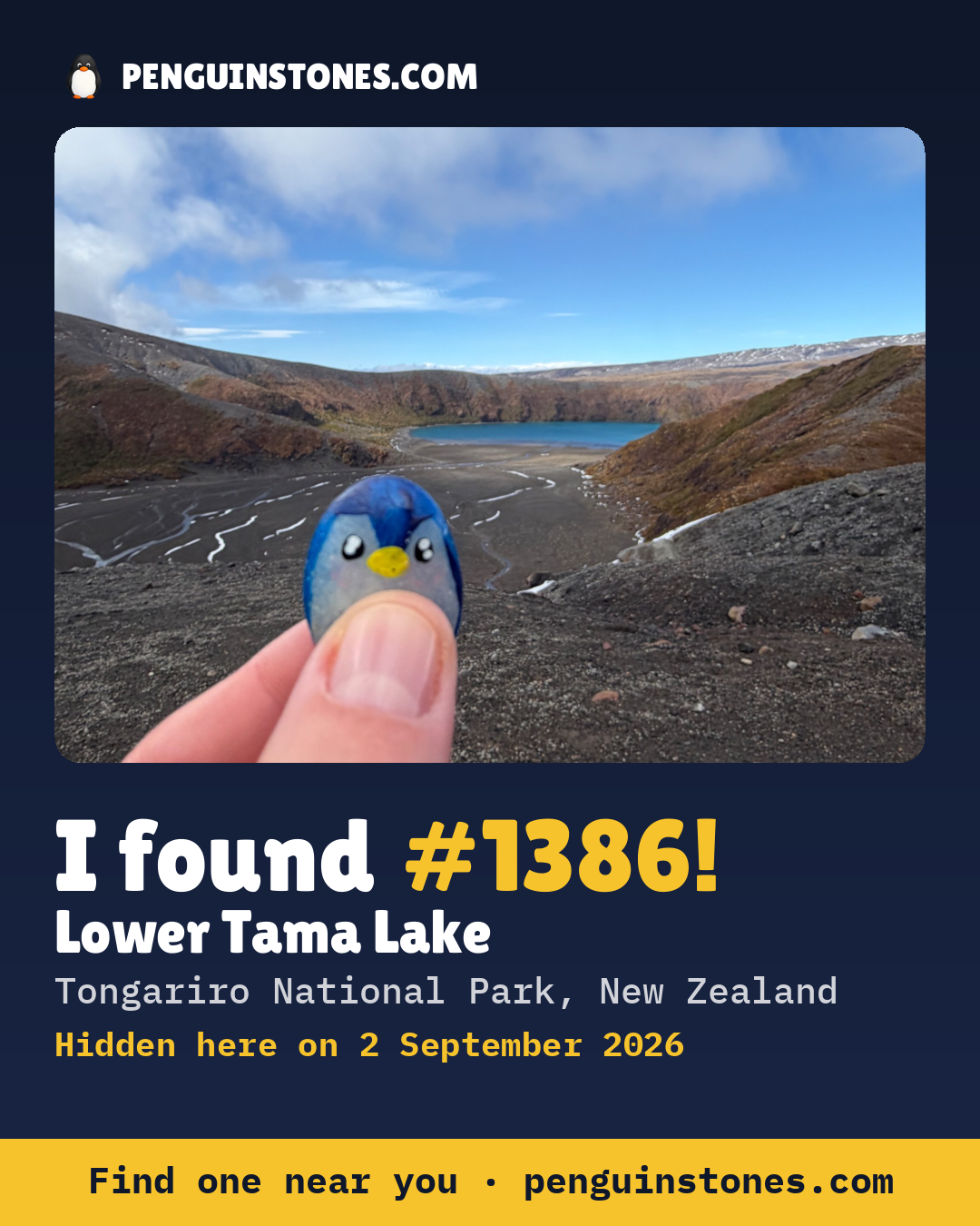 Obrázok s nápisom „I found #1386“: fotka kameňa, kde je a ako ďaleko docestoval