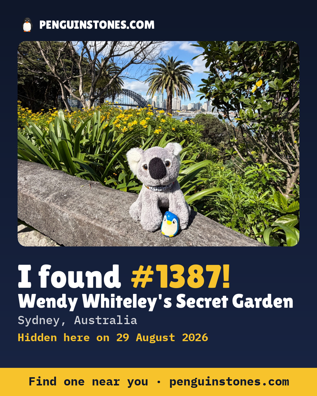 Obrázok s nápisom „I found #1387“: fotka kameňa, kde je a ako ďaleko docestoval