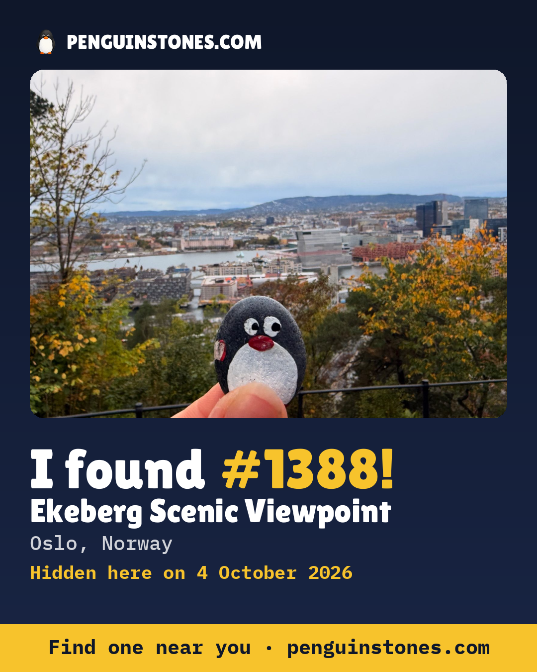 An “I found #1388” picture: the stone’s photo, where it is and how far it has travelled