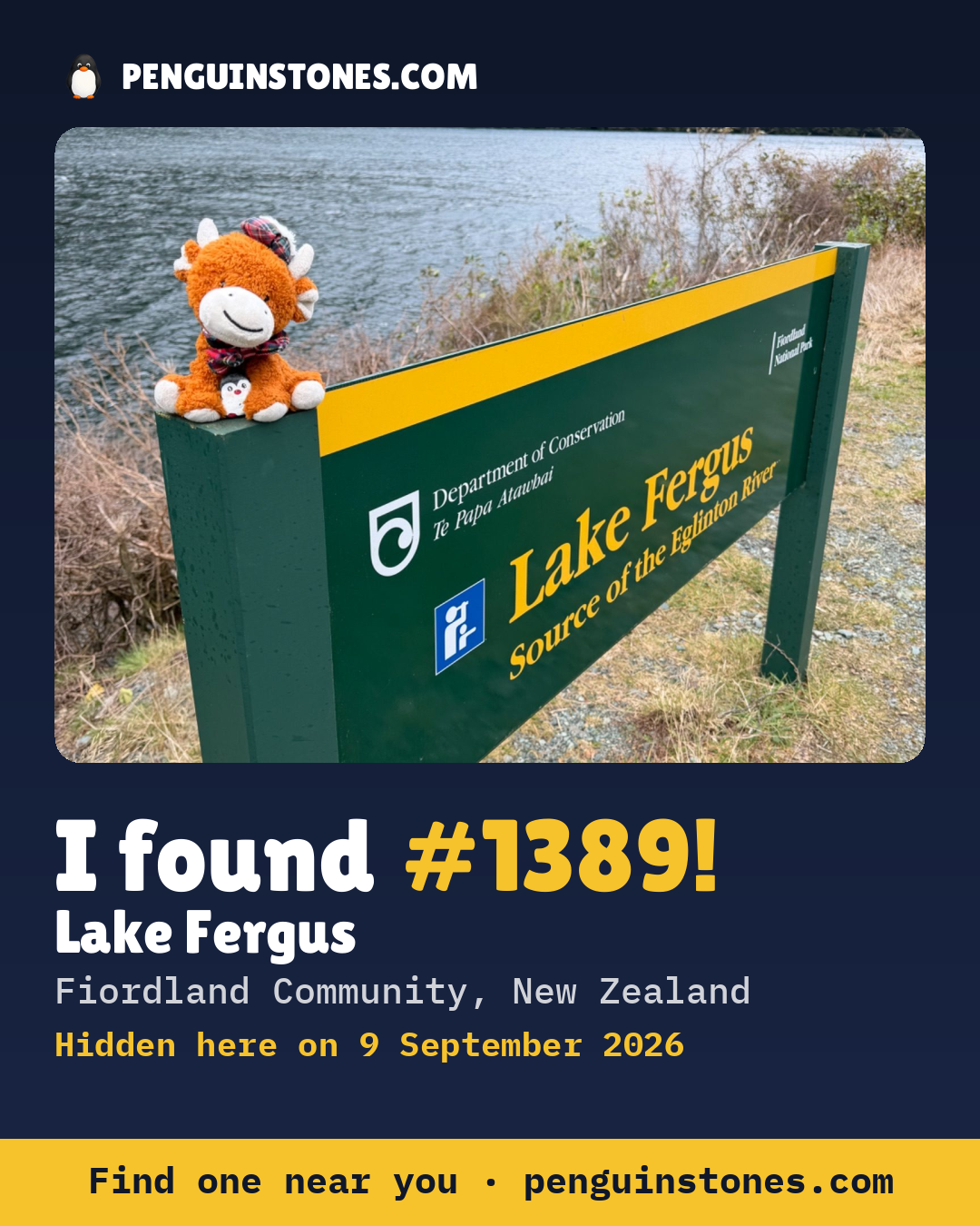 Obrázok s nápisom „I found #1389“: fotka kameňa, kde je a ako ďaleko docestoval