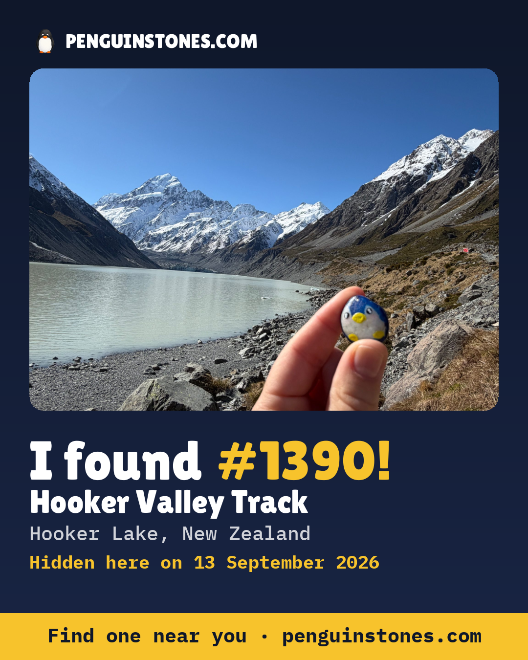 Obrázok s nápisom „I found #1390“: fotka kameňa, kde je a ako ďaleko docestoval