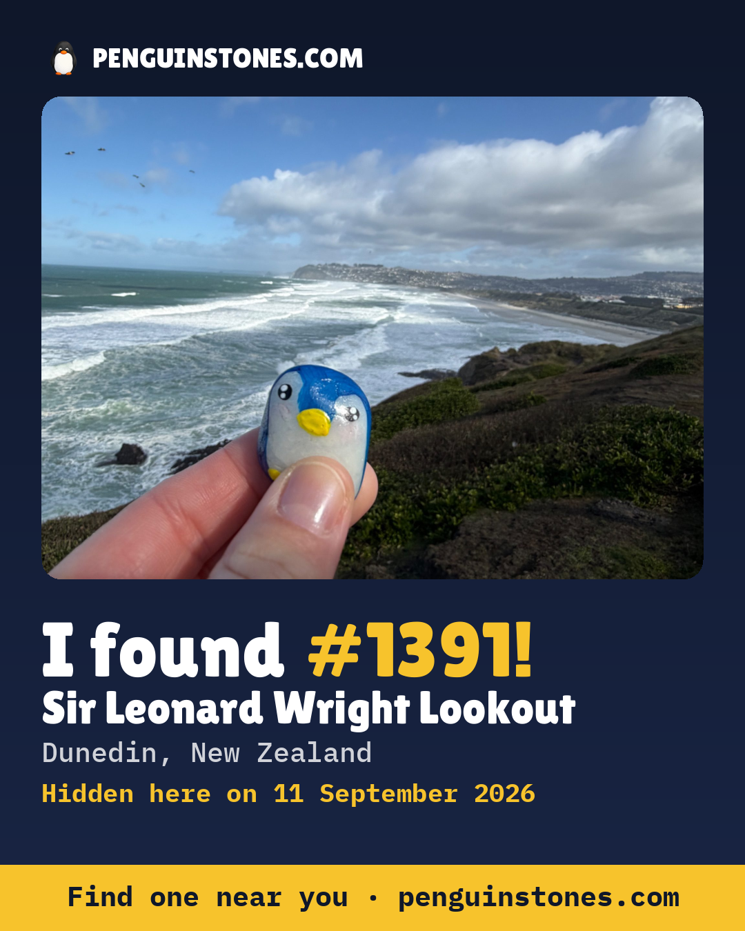Obrázok s nápisom „I found #1391“: fotka kameňa, kde je a ako ďaleko docestoval