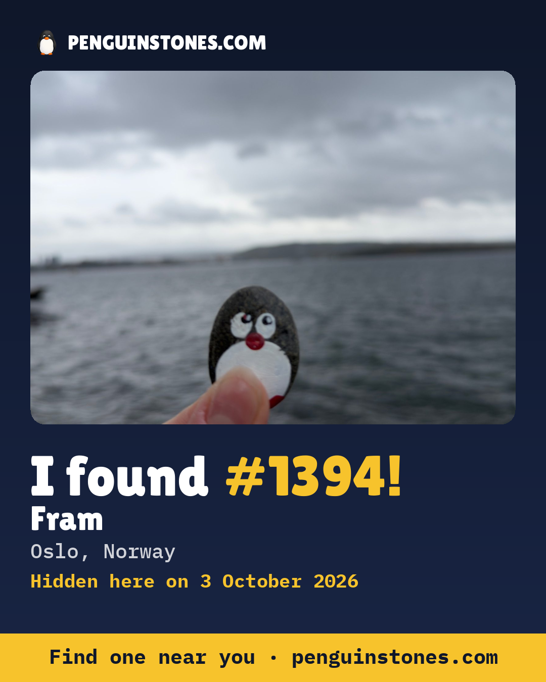 An “I found #1394” picture: the stone’s photo, where it is and how far it has travelled