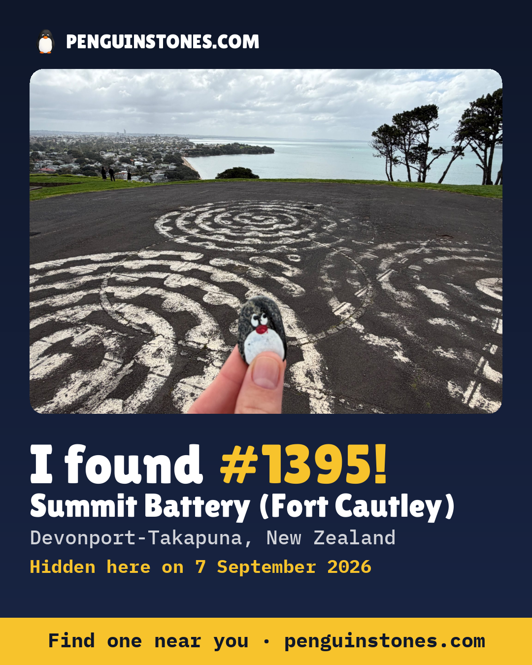 Obrázok s nápisom „I found #1395“: fotka kameňa, kde je a ako ďaleko docestoval