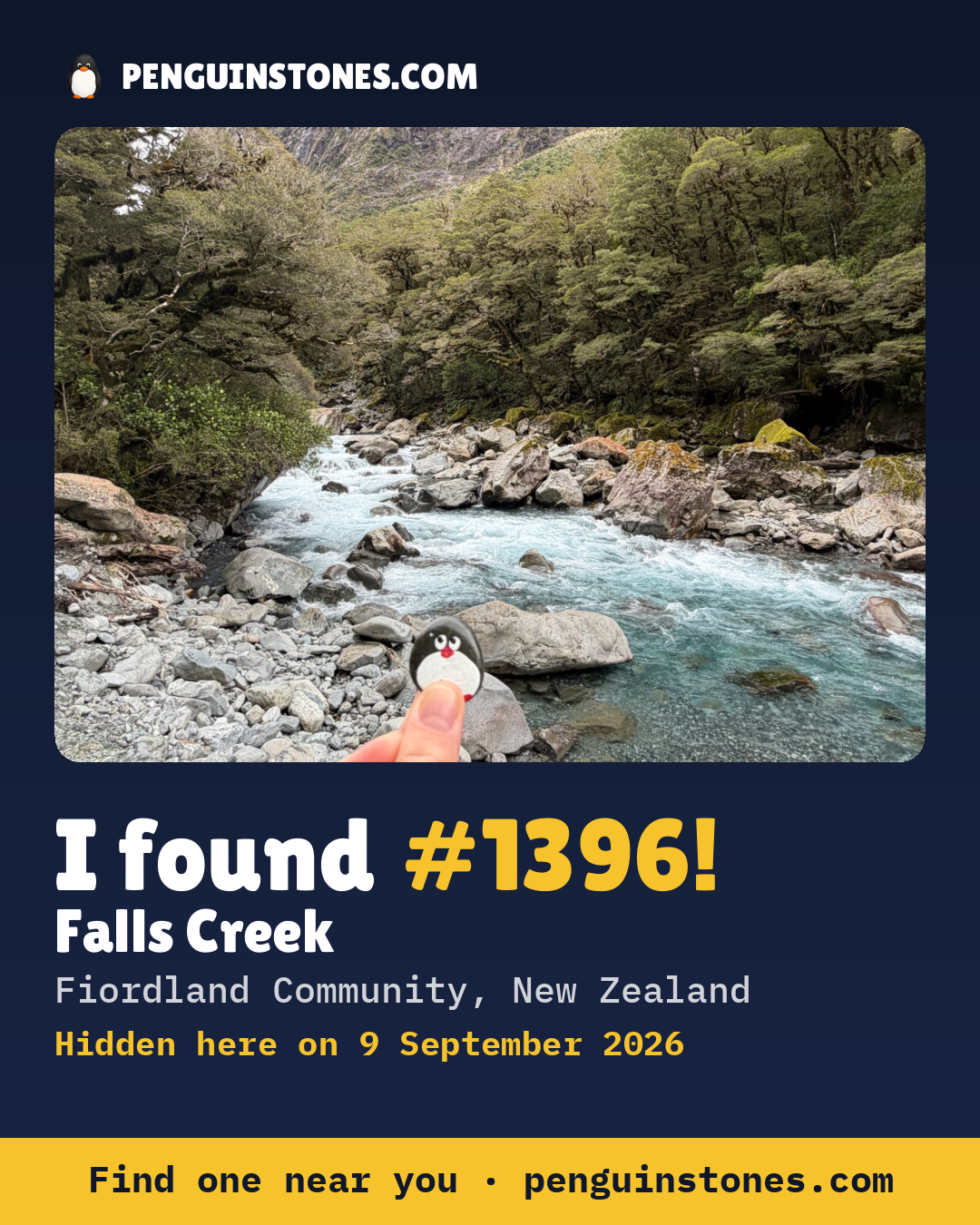 Obrázok s nápisom „I found #1396“: fotka kameňa, kde je a ako ďaleko docestoval