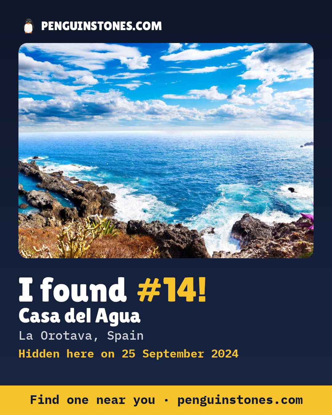 Obrázok s nápisom „I found #14“: fotka kameňa, kde je a ako ďaleko docestoval