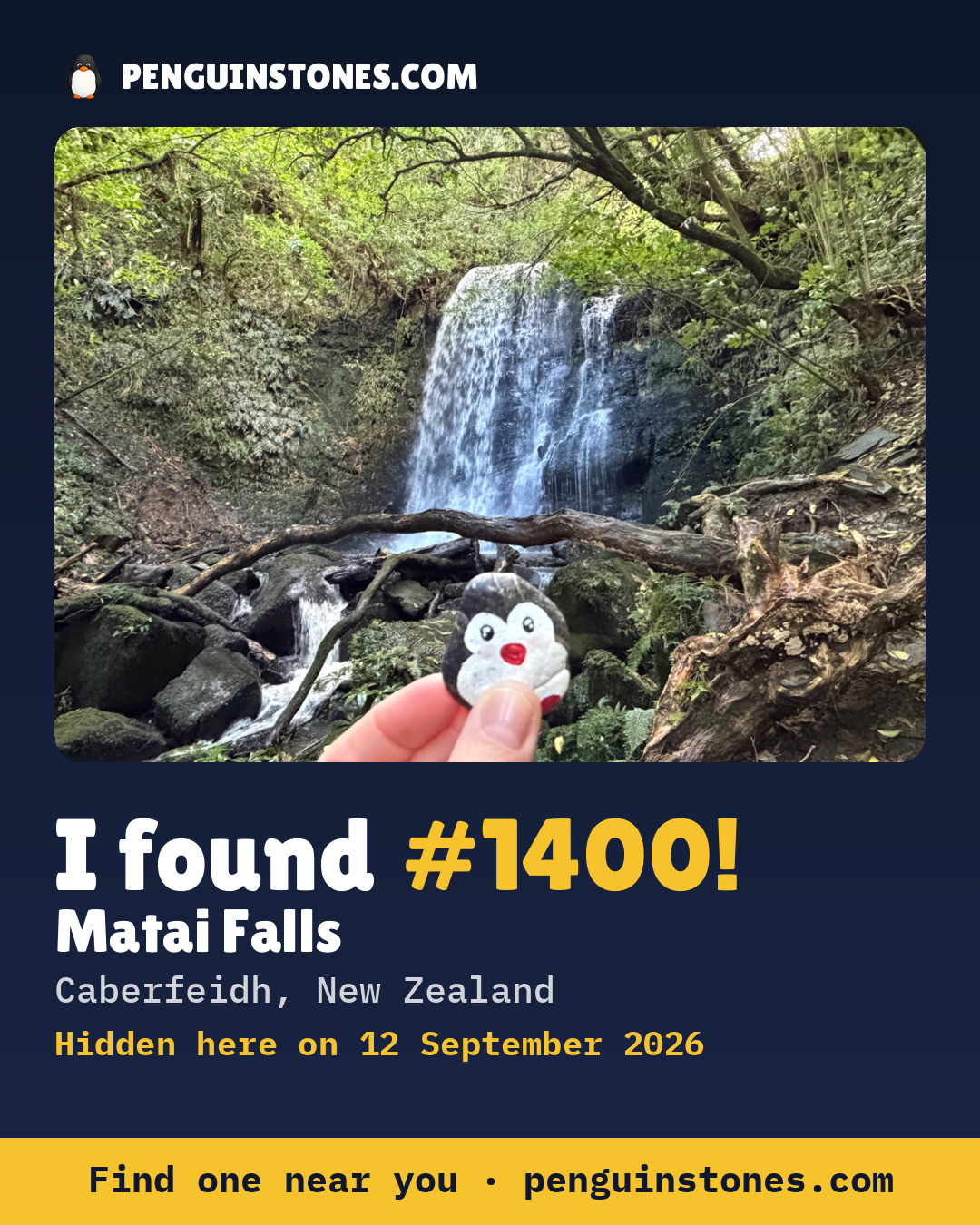 Obrázok s nápisom „I found #1400“: fotka kameňa, kde je a ako ďaleko docestoval
