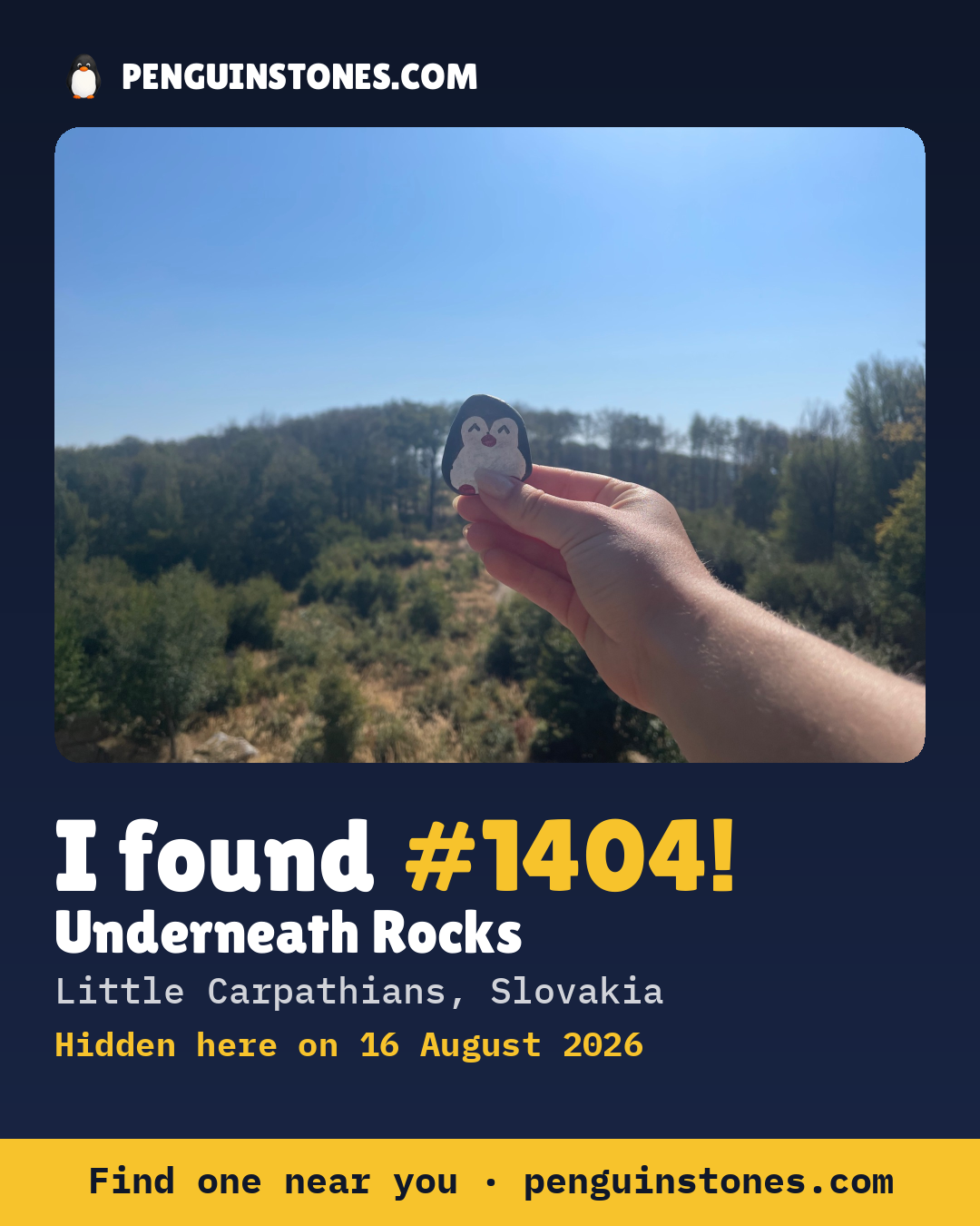 Obrázok s nápisom „I found #1404“: fotka kameňa, kde je a ako ďaleko docestoval