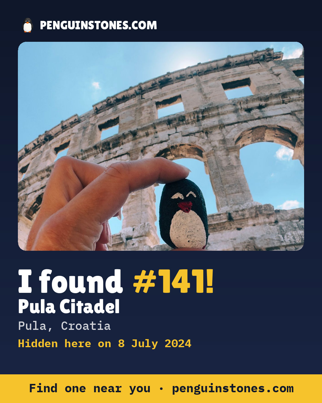Obrázok s nápisom „I found #141“: fotka kameňa, kde je a ako ďaleko docestoval