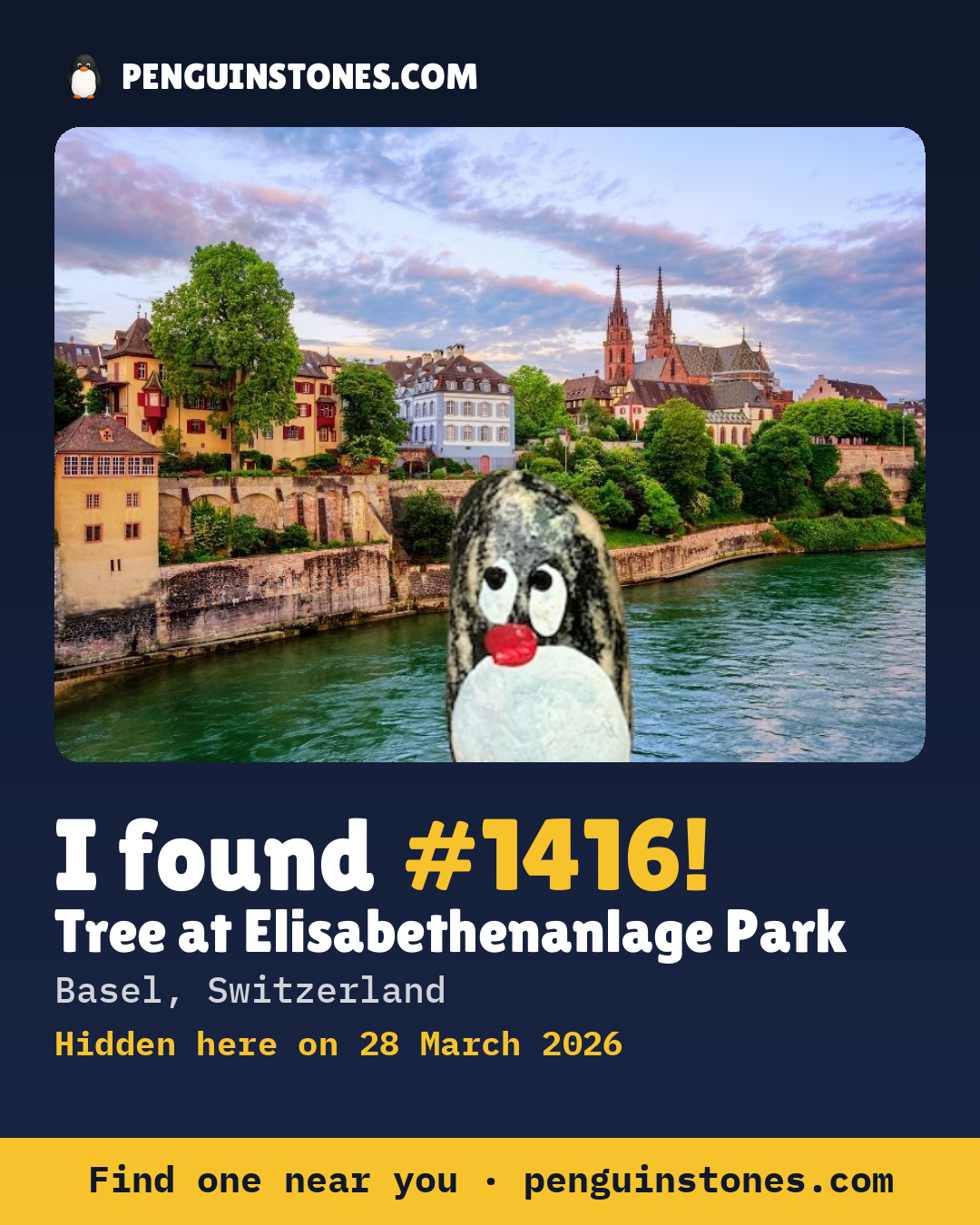 Obrázok s nápisom „I found #1416“: fotka kameňa, kde je a ako ďaleko docestoval