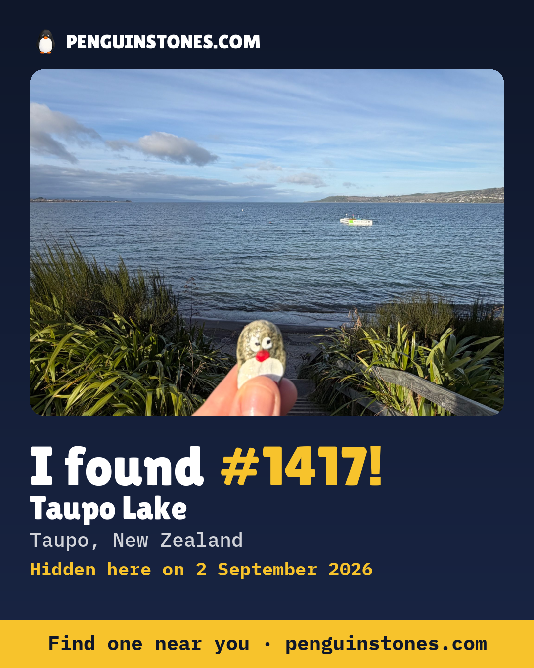 Obrázok s nápisom „I found #1417“: fotka kameňa, kde je a ako ďaleko docestoval