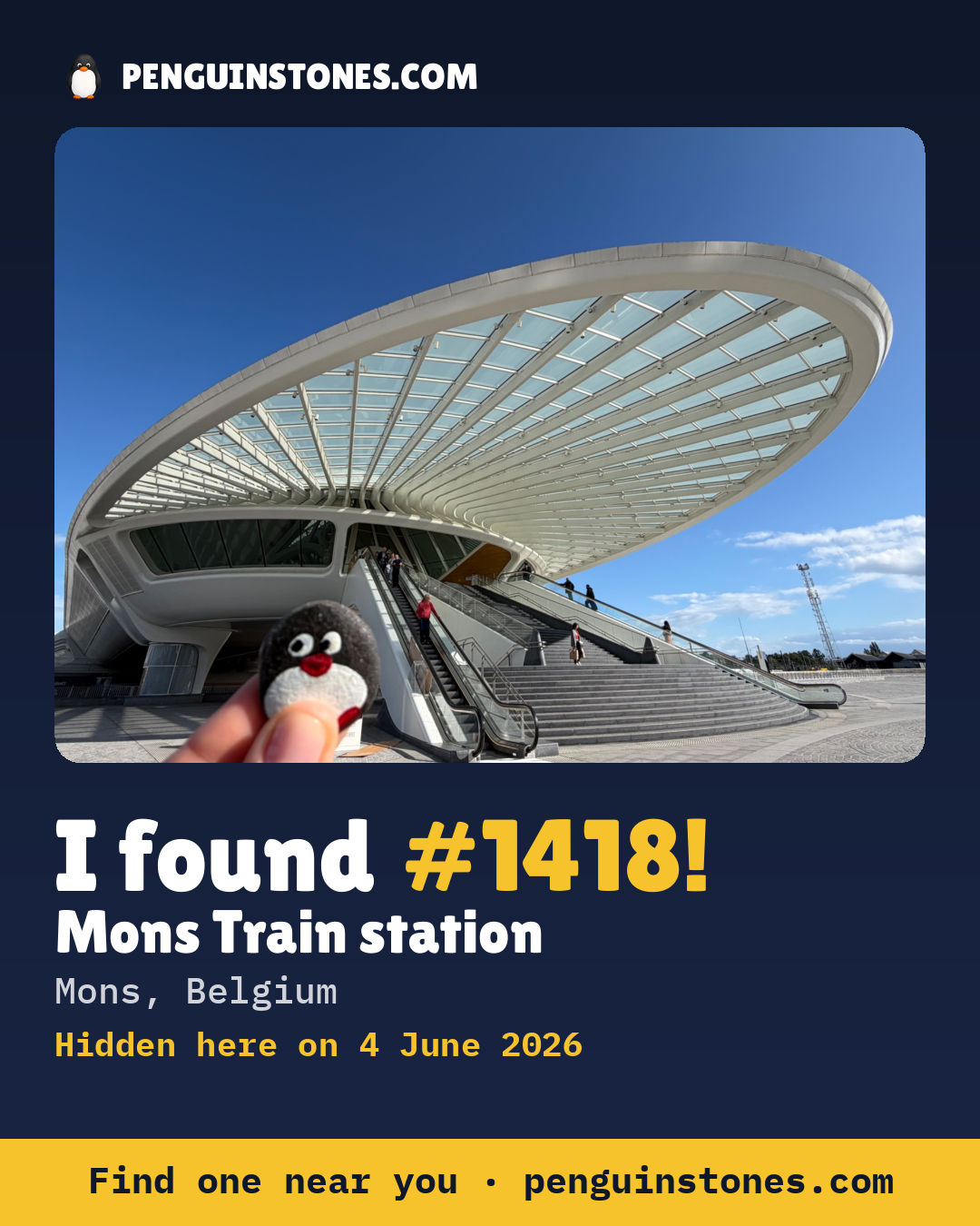 Obrázok s nápisom „I found #1418“: fotka kameňa, kde je a ako ďaleko docestoval