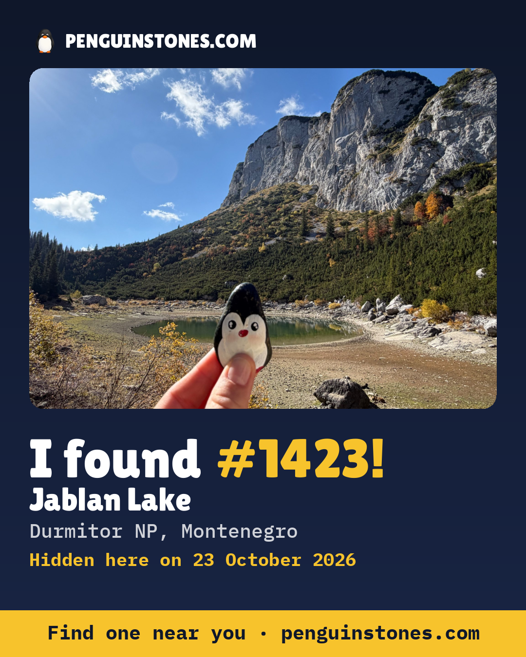 An “I found #1423” picture: the stone’s photo, where it is and how far it has traveled