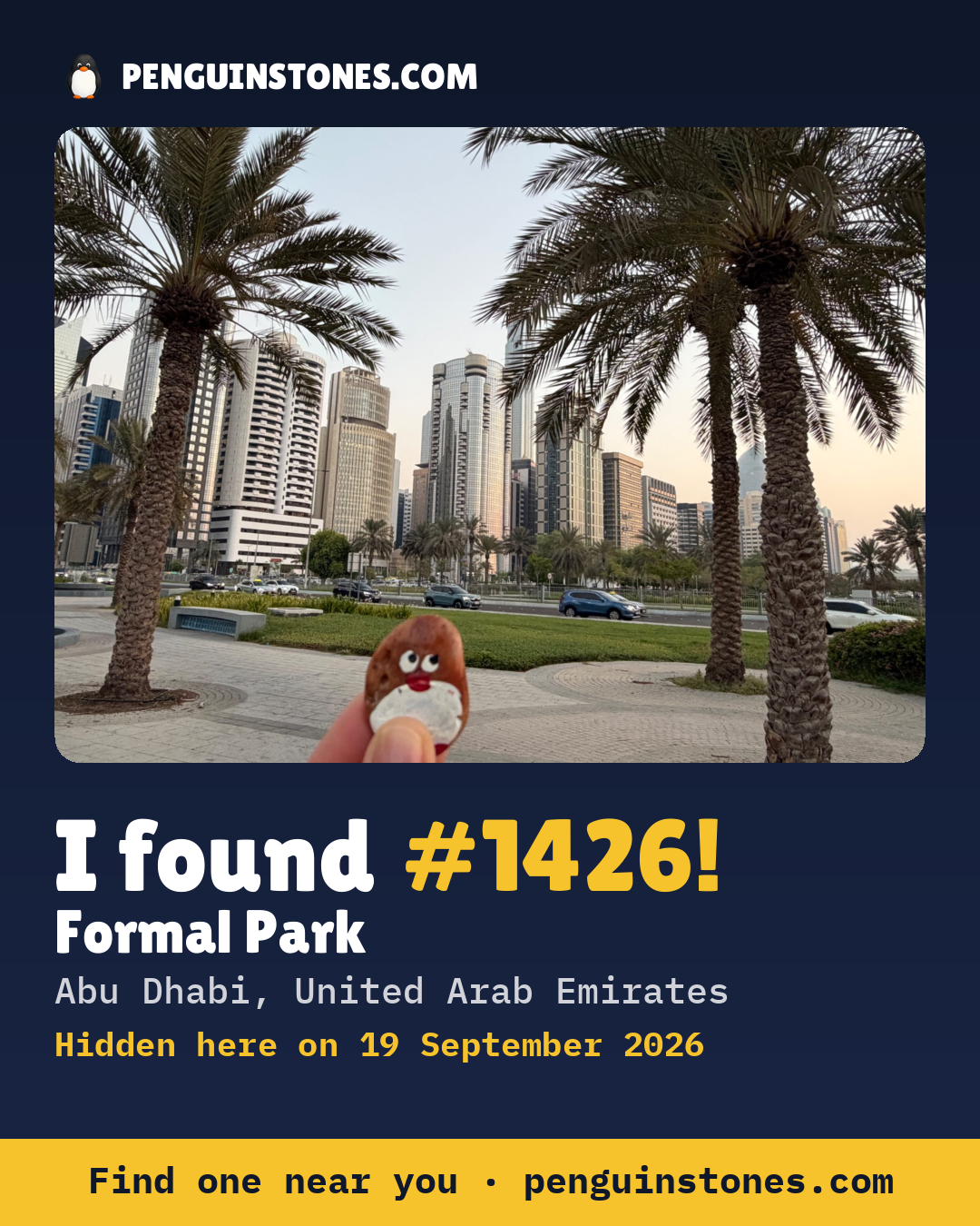 Obrázok s nápisom „I found #1426“: fotka kameňa, kde je a ako ďaleko docestoval