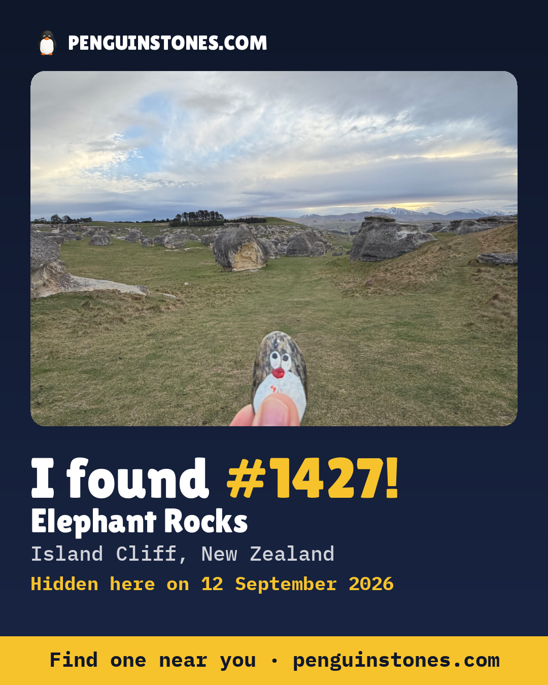 Obrázok s nápisom „I found #1427“: fotka kameňa, kde je a ako ďaleko docestoval