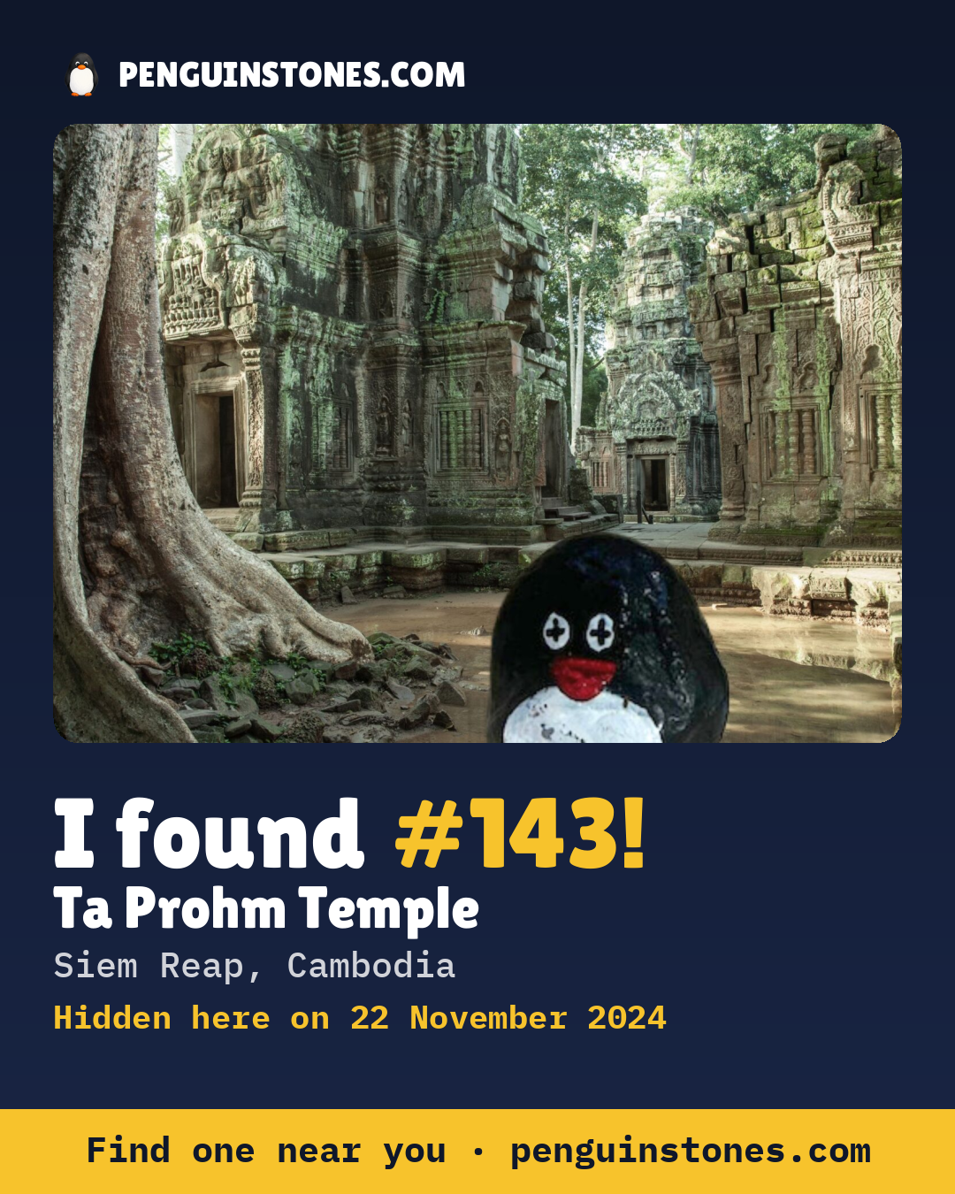 Obrázok s nápisom „I found #143“: fotka kameňa, kde je a ako ďaleko docestoval