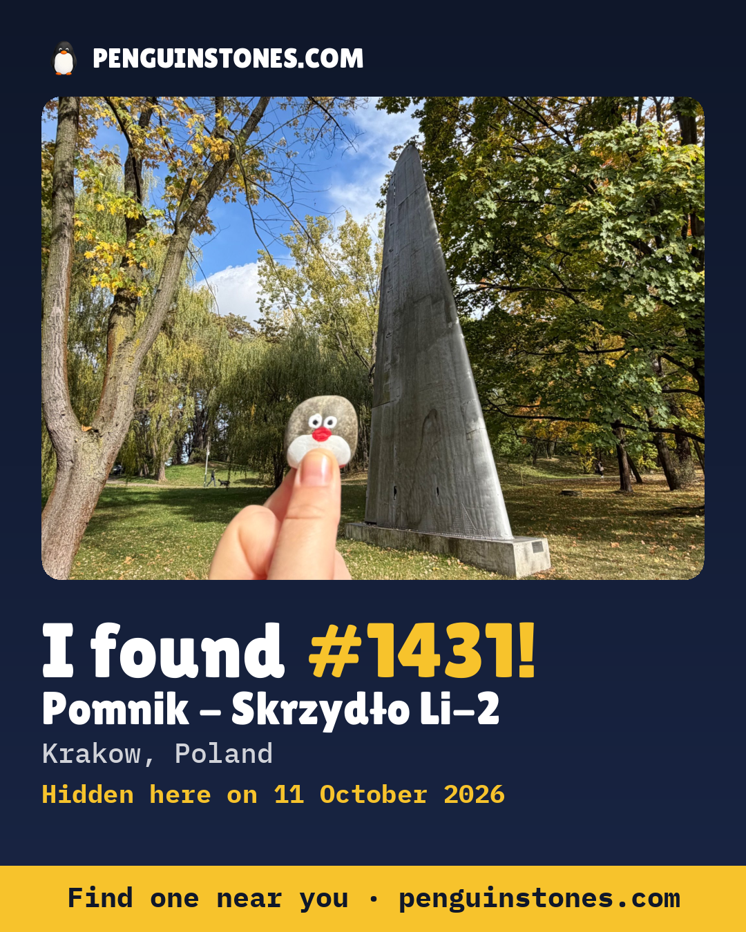 An “I found #1431” picture: the stone’s photo, where it is and how far it has travelled