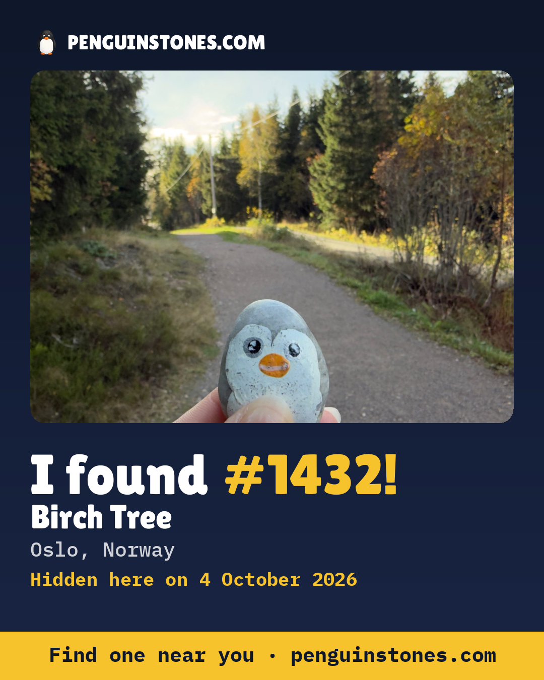 An “I found #1432” picture: the stone’s photo, where it is and how far it has travelled
