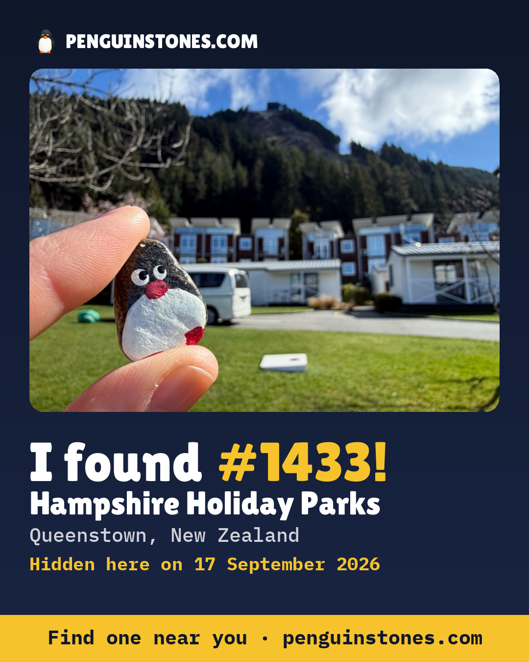 Obrázok s nápisom „I found #1433“: fotka kameňa, kde je a ako ďaleko docestoval