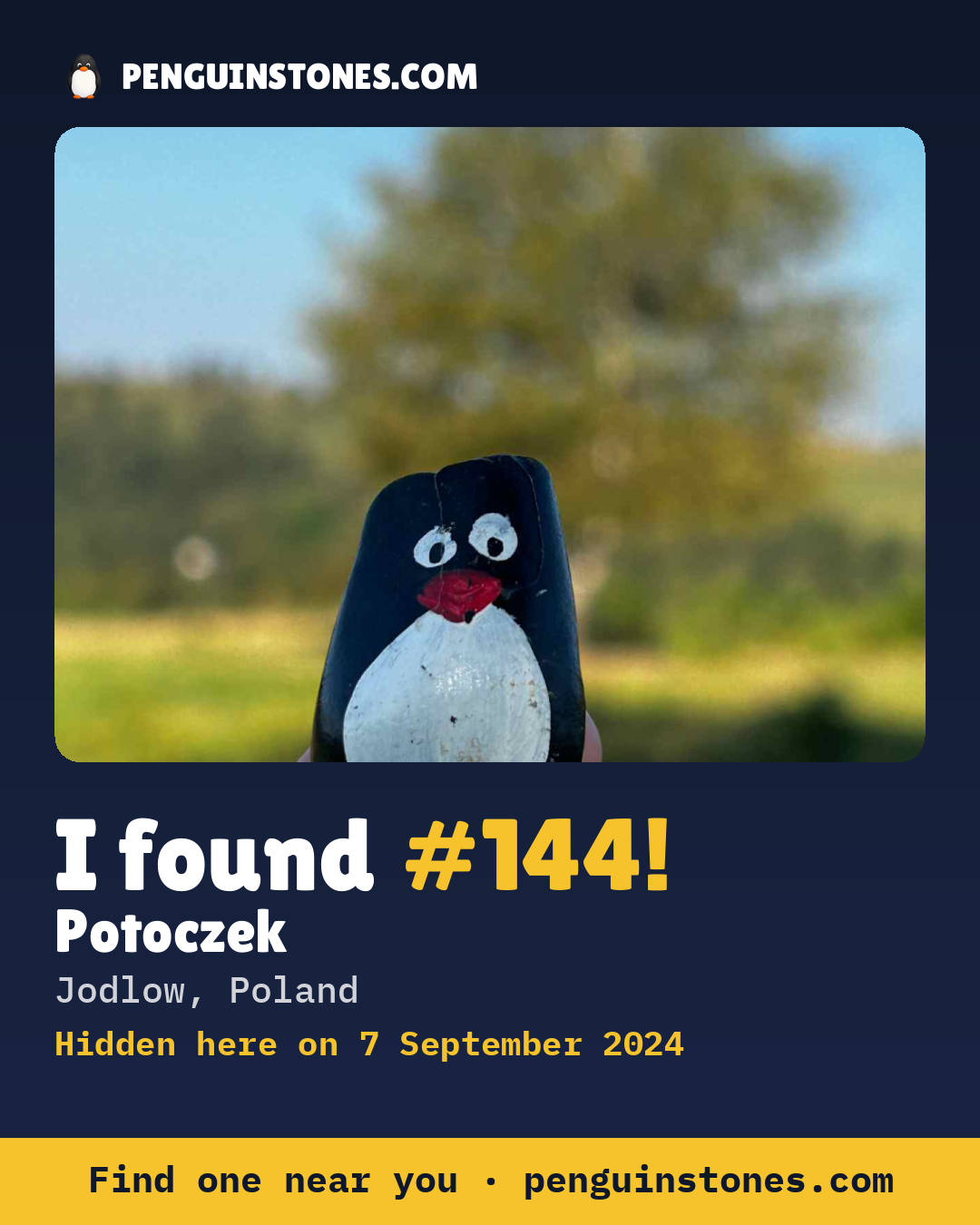 Obrázok s nápisom „I found #144“: fotka kameňa, kde je a ako ďaleko docestoval