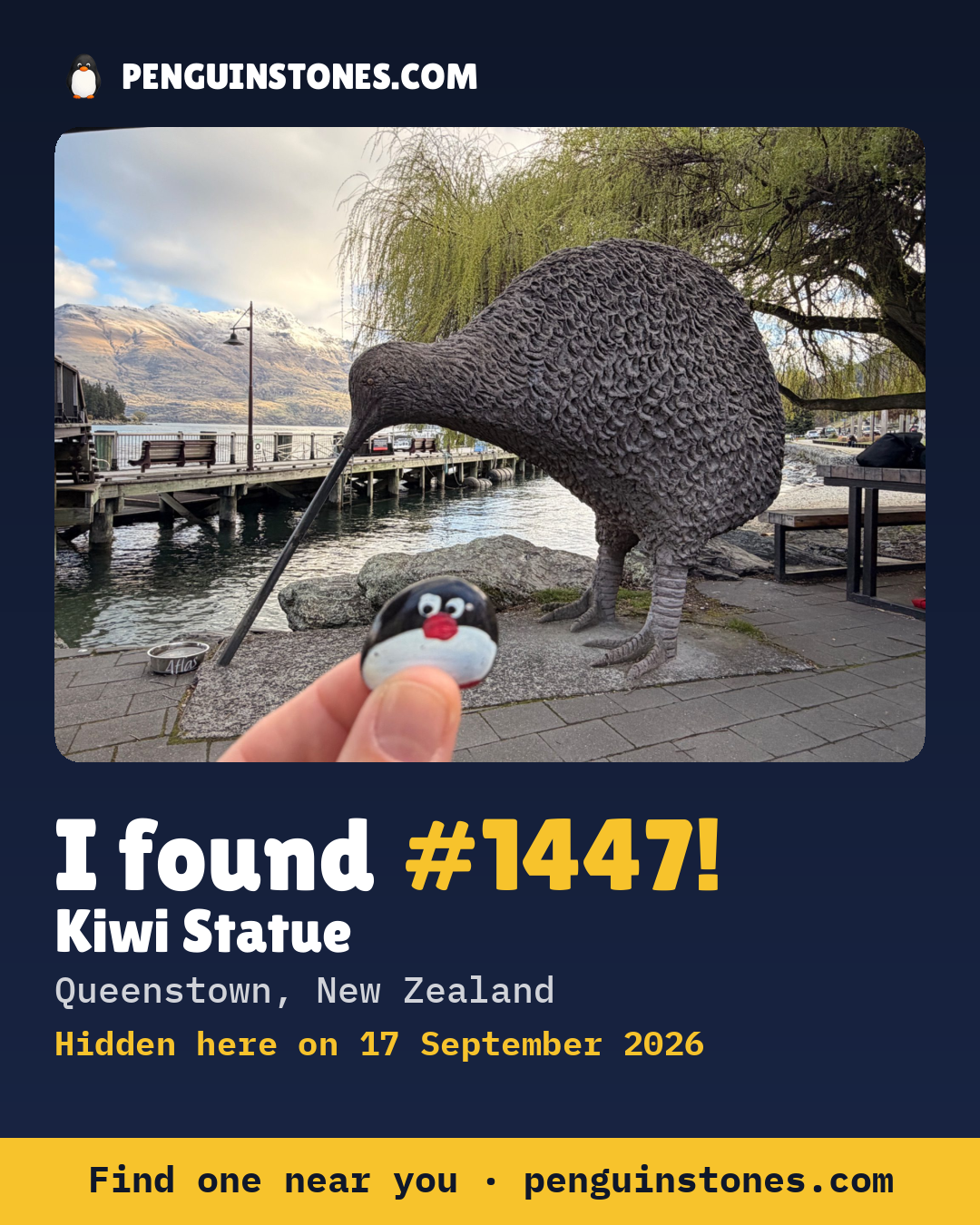 Obrázok s nápisom „I found #1447“: fotka kameňa, kde je a ako ďaleko docestoval