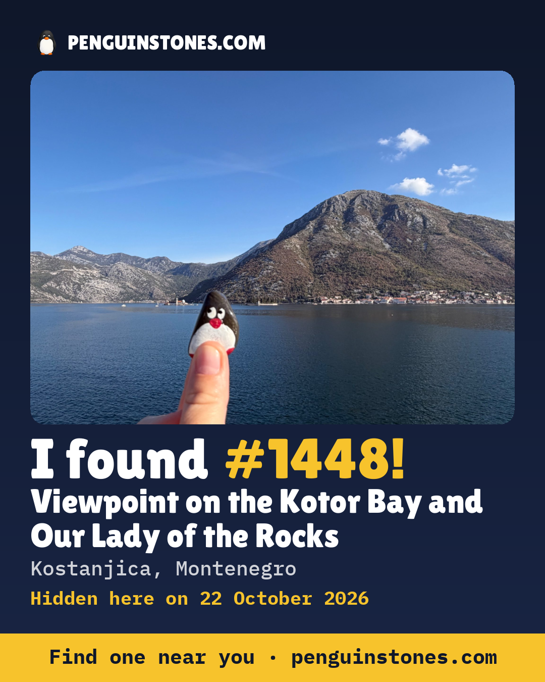 An “I found #1448” picture: the stone’s photo, where it is and how far it has traveled