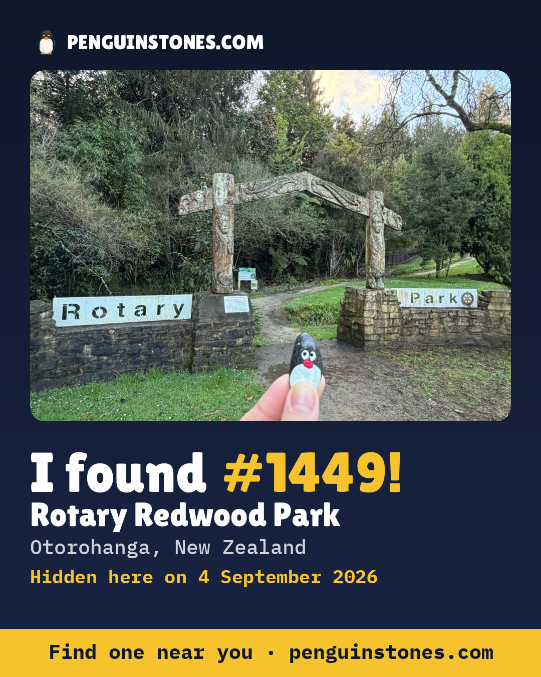 Obrázok s nápisom „I found #1449“: fotka kameňa, kde je a ako ďaleko docestoval