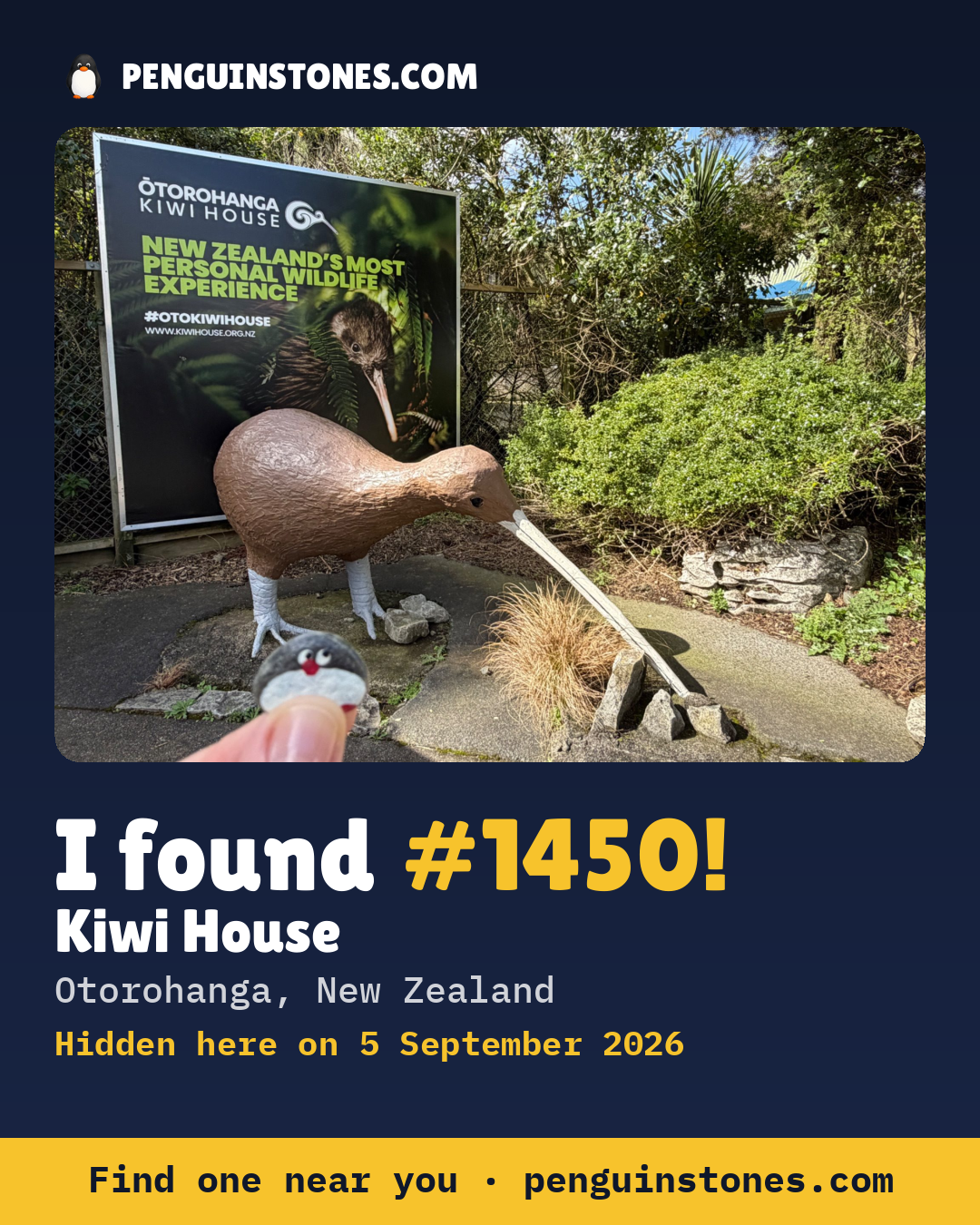 Obrázok s nápisom „I found #1450“: fotka kameňa, kde je a ako ďaleko docestoval