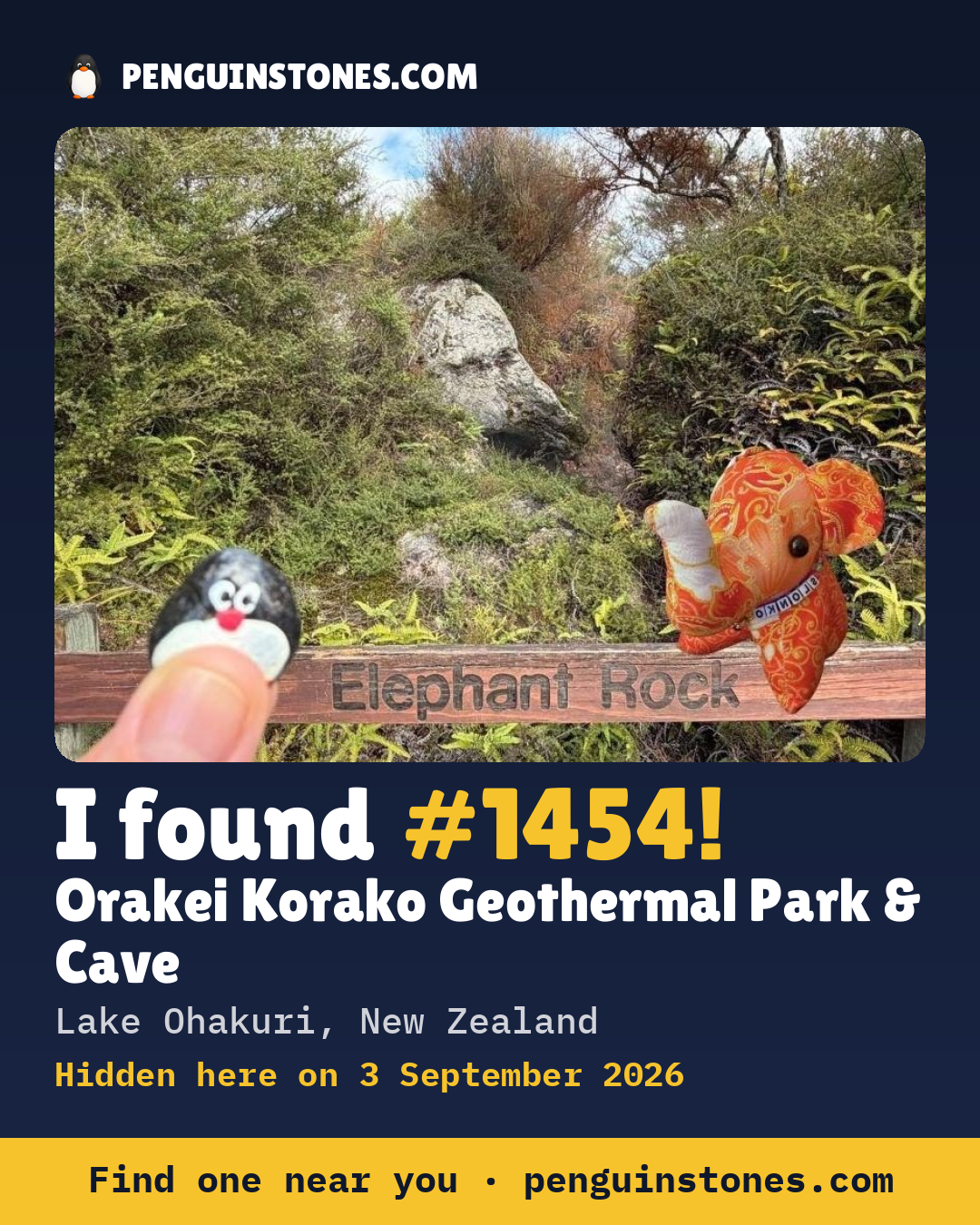 Obrázok s nápisom „I found #1454“: fotka kameňa, kde je a ako ďaleko docestoval