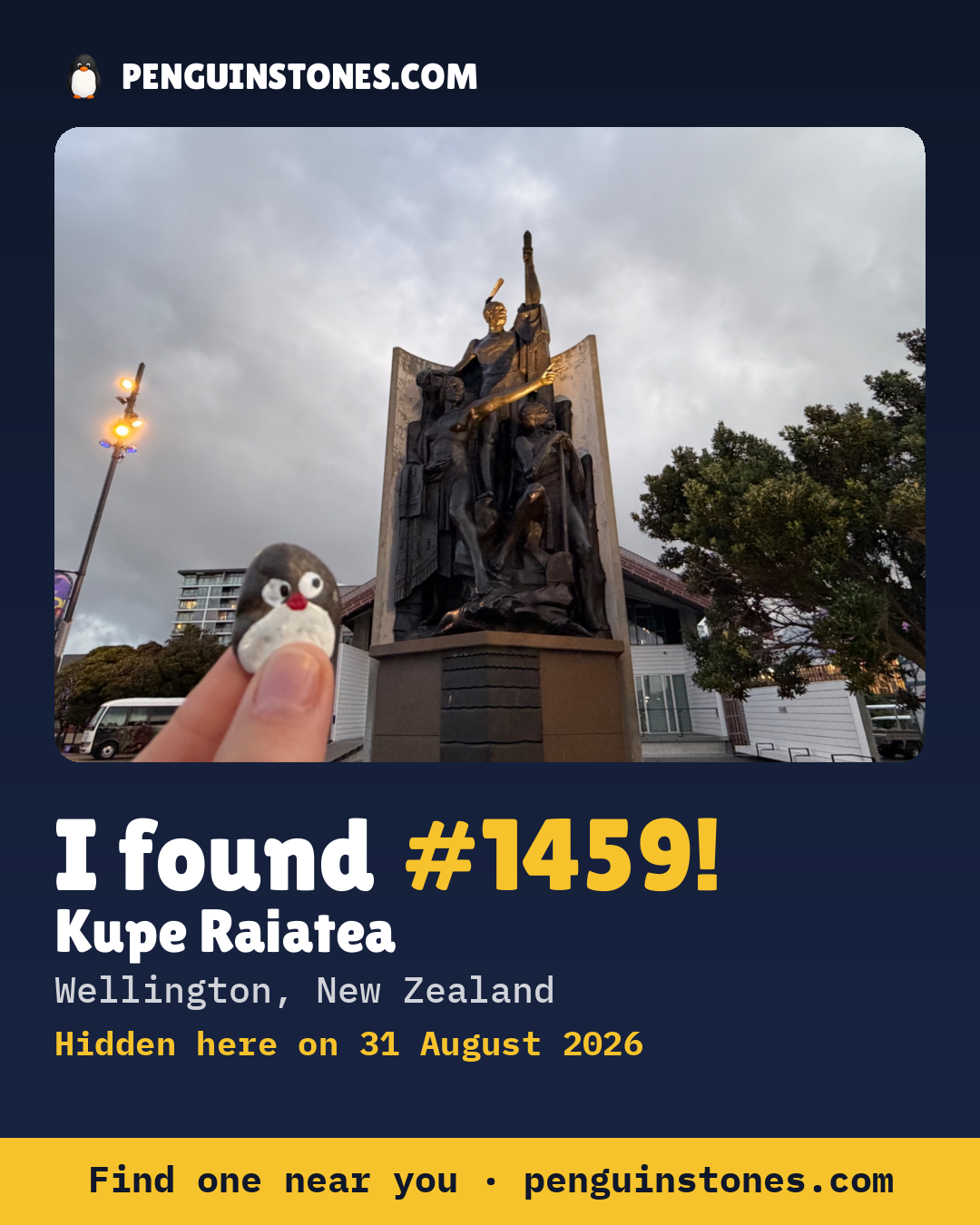 Obrázok s nápisom „I found #1459“: fotka kameňa, kde je a ako ďaleko docestoval