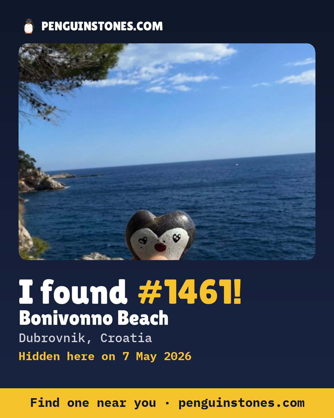 Obrázok s nápisom „I found #1461“: fotka kameňa, kde je a ako ďaleko docestoval